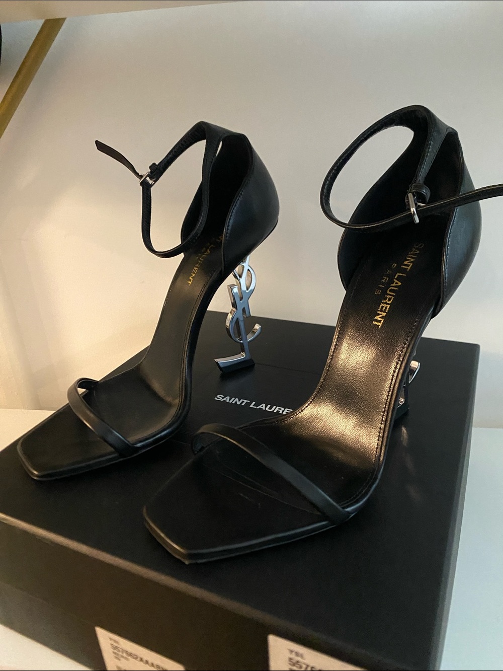 Saint Laurent Black Logo-Heel Ankle-Strap Sandals